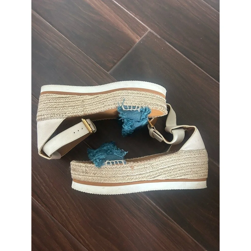 See by Chloe Glyn Denim Ankle Strap Espadrille Wedge Sandals US 8 EU 38350